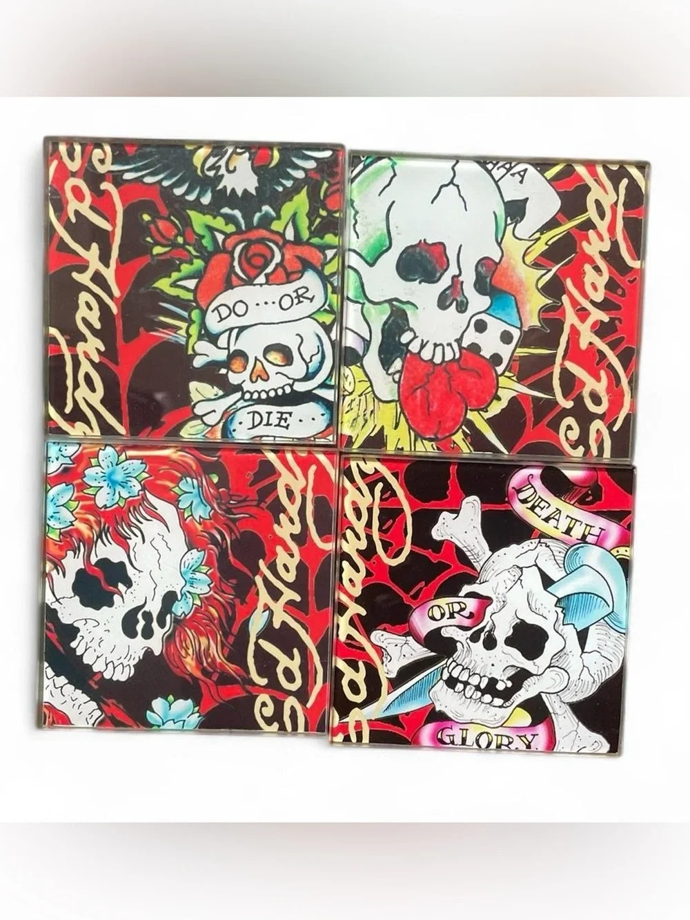 Ed Hardy Skull Tile Coasters in Black, Red, White, Green, Blue